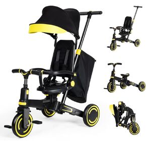Foldable Baby Tricycle, 8-in-1 Kids Tricycle with Adjustable Push Handle, Removable Canopy, Safety Harness, Storage Hanging Bag, 1-Step Brake Pedal, Bike Gift for Toddlers 10 Months - 5 Year Old