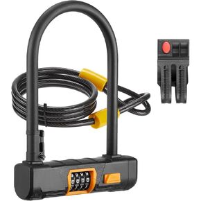 KEMIMOTO Bike U-Lock, Bicycle U Combination Lock with Cable Heavy Duty Anti-Theft Mounting Bracket 14.6-mm Shackle, 10mm x1.8m Cable & Padlock Holder for Bicycles E-Bikes Scooters