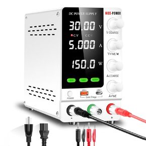 NICE-POWER DC Power Supply Variable 30V 5A, Adjustable Regulated DC Bench Power Supply with Encoder, Output Switch and OCP/OVP, Benchtop Lab Power Supplies with USB-A and Type-C Quick Charge (White)