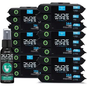 DUDE Wipes - Flushable Wipes with DUDE Bombs Toilet Spray - 18 Pack, 864 Wipes + 1 Spray Bottle - Unscented Extra-Large Adult Wet Wipes with Vitamin-E & Aloe - Forest Fresh Stank Eliminator