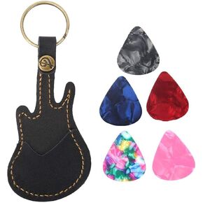 Guitar Shaped Guitar Picks Holder Case PU Leather Guitar Plectrum Holder with 5pcs Colorful Picks for Guitar Players(Black)