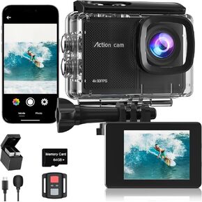 4K60FPS Action Camera 48MP Waterproof Camera with 64GB Card 131ft Underwater Camera 8X Zoom Sport Camera EIS Helmet Camera with Aberration Correction,WiFi, Remote Control,2 Batteries