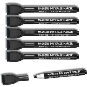 maxtek Magnetic Black Dry Erase Markers, 12 Count Fine Tip Whiteboard Markers with Eraser, Thin Markers Low Odor for Classroom, Office, Home