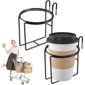 2 Pcs Shopping Cart Cup Holder, Updated Portable Cup Holder with Bottom Bar Stainless Steel Cup Holder Reusable Shopping Carts Drink Holder for Hanging Coffee Cup Tapered Cup Baby Bottle (White)