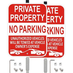 (2 Pack) Large Private Property No Parking Sign with Stake 36" Tall | 14" x 10" Vehicle Towed At Owner's Expense Sign, Reflective Rust Free Aluminum, UV Protected, Fade Resistance, Easy to install