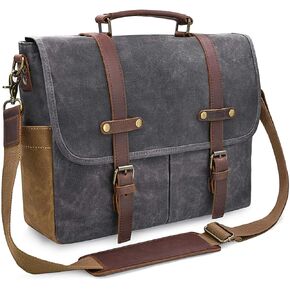 Mens Messenger Bag 15.6 Inch Waterproof Vintage Genuine Leather Waxed Canvas Briefcase Large Leather Computer Laptop Bag Rugged Satchel Shoulder Bag, Brown
