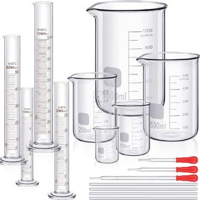 Glass or Plastic Graduated Cylinder Beaker Set, Thick Lab Cylinders (10 ml, 25 ml, 50 ml, 100 ml), Beaker (50 ml, 100 ml, 250 ml, 500 ml, 1000 ml) with 3 Glass Dropper 4 Stirring Rod 7.9 Inch(Glass)