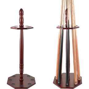 Pool Stick Holder/Pool Cue Rack Floor Stand with Octagonal Design,Holds 8 Pieces of Pool Stick,100% Solid Wood, Mahogany Color