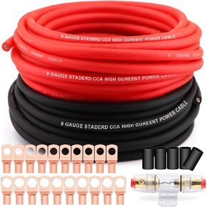 AWG 8 Gauge Wire Cable (50ft Each - Black/Red) Copper Clad Aluminum CCA with 8ga terminals,60A ANL Fuse Block and Heat Shrink Tube for Audio Speaker,Power Inverter Amp Wiring kit
