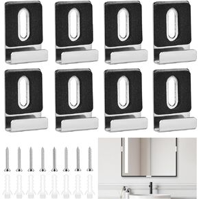 8Pcs Mirror Holder Clips Stainless Steel Wide Channel Mirror Hangers Heavy Duty Mirror Hanging Kit Mirror Mounting Clips with Non-Slip Pad for Mirror Billboard Frames, Fit 1/4" (Silver 8Pcs)