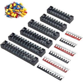 MILAPEAK Terminal Block and Strip - 6 Sets 8/10/12 Positions 600V 15A Dual Row Wire Screw Terminal Strip with Cover + Pre-Insulated Terminals Barrier Strips Jumpers + Insulated Fork Wire Connectors