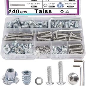 Taiss 140PCS 1/4-20 Threaded Inserts for Wood,T Nuts,1/4-20x 1", 1-1/4" Bolts Button Head Socket Cap Screws Fully Threaded and 1/4-20 Washers with Hex Wrench F-116-140PCS