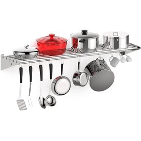 Metal Kitchen Rack for Storage and Organization, [NSF Certified] 12" x 48" Stainless Steel Wall Mount Shelf with 10 S Hooks for Hanging Pots, Pans, Cookware in Home and Restaurant
