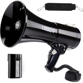 UZOCHI 50W Megaphone Bullhorn Speaker with Rechargeable Battery | Loud Slim Mega Phone with Siren & Recording | for Cheerleading, Outdoors and Rescue (Black)