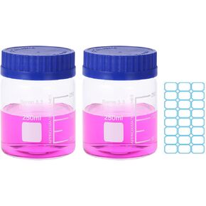 PATIKIL 2 Pack Reagent Media Storage Bottles, 500ml Borosilicate Glass Wide Mouth Graduated Round Bottles with Orange GL32 Screw Cap, 24 Pack Labels for Lab Water Reagent Liquids, Clear