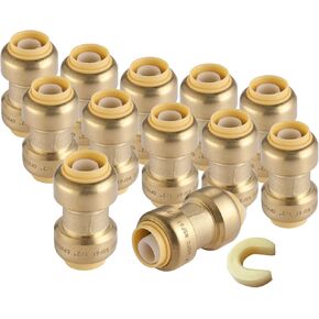 1/2" Pushfit Tee,10 Pack PEX Brass Push-fit Tee with 1 Pack Disconnect Clip, Push-to-Connect Plumbing Fittings for PEX, Copper, CPVC