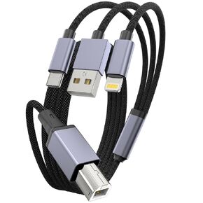 Printer USB Cable, MIDI USB A USB C and Lightning Cable to USB-B 2.0 MIDI for MacBook Pro, USB C MIDI Cable Nylon Braided for Yamaha Casio Digital Piano MIDI Controller Printers 3.3FT