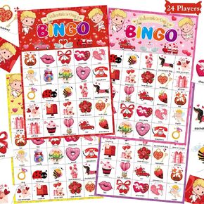 Valentine's Day Bingo Game Cards - 24 Players Valentines Crafts Bingo Cards Set, Valentine Bingo Gifts for School Classroom Large Group Games Family Activities, Valentine's Day Party Favors Supplies