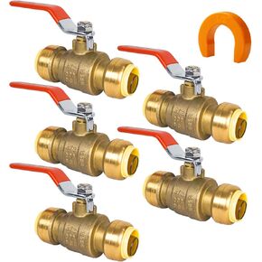 (Pack of 5) AB 3/4 Inch Push to Connect Ball Valve, 3/4 Inch Water Shut Off Valve with Disconnect Clip, Full Port Push Fit Ball Valve for Copper, CPVC and PEX Pipe, UPC Certified