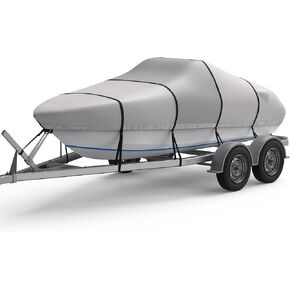 Heavy Duty Middle 1400D Reinforced Boat Cover with Storage Bag Trailerable Marine Grade Waterproof Boat Cover Fits Bass Boat, V-Hull, Runabout, Length: 20'-22', Beam Width up to 100", Gray