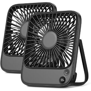 TOPK 2 Pack 5000mAh Portable Desk Fan, Ultra-thin Strong Wind Digital Display 4 Speeds Adjustable Small Silent Battery Powered Personal Fan for Bedroom, Office, Travel, Library, Outdoor