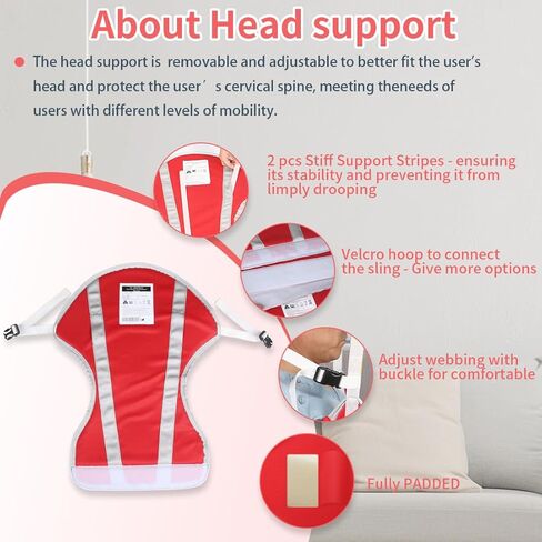 Hoyer Lift Sling with Thick Pads for Patient Lift,Shower,Toilet - Includes Waist Belt with Buckle - Head Support Option Available (Red, Large,with Head Support,with 1pc Slide Glove) in Kuwait