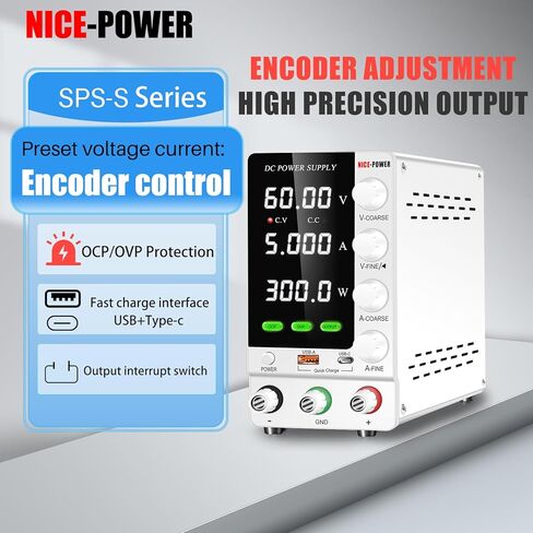 NICE-POWER DC مزود طاقة متغير 30V 5A، مصدر طاقة DC منظم قابل للتعديل مع جهاز تشفير ومفتاح إخراج وOCP/OVP، مزود طاقة مختبر Benchtop مع USB-A وشحن سريع من النوع C (أبيض) in Kuwait