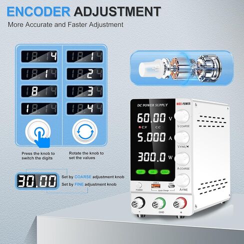 NICE-POWER DC مزود طاقة متغير 30V 5A، مصدر طاقة DC منظم قابل للتعديل مع جهاز تشفير ومفتاح إخراج وOCP/OVP، مزود طاقة مختبر Benchtop مع USB-A وشحن سريع من النوع C (أبيض) in Kuwait