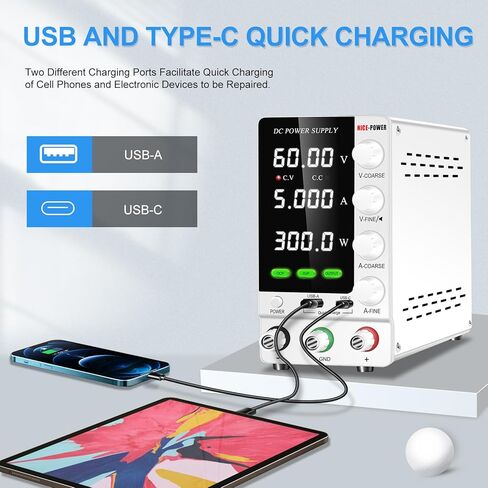 NICE-POWER DC مزود طاقة متغير 30V 5A، مصدر طاقة DC منظم قابل للتعديل مع جهاز تشفير ومفتاح إخراج وOCP/OVP، مزود طاقة مختبر Benchtop مع USB-A وشحن سريع من النوع C (أبيض) in Kuwait