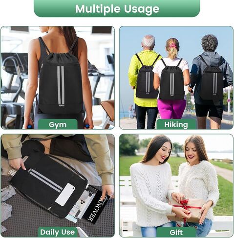 Drawstring Backpack - Drawstring Bags with Front Pocket Foldable String Backpack Sackpack for Gym Sport Excursions - Black in Kuwait