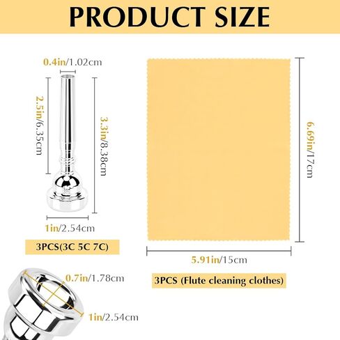 3 Pack Trumpet Mouthpiece, 3C 5C 7C Set Trumpet Mouthpiece with Cleaning Cloth Silver Plated Bb Trompeta Mouthpiece Trumpet Instrument Accessories(Size:3 Pack) in Saudi Arabia