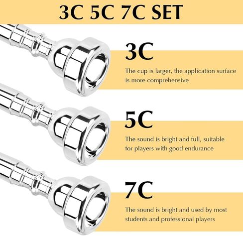 3 Pack Trumpet Mouthpiece, 3C 5C 7C Set Trumpet Mouthpiece with Cleaning Cloth Silver Plated Bb Trompeta Mouthpiece Trumpet Instrument Accessories(Size:3 Pack) in Saudi Arabia