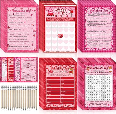 Pasimy 149 Pcs Valentine's Day Party Games 25 Players Valentines Day Word Search Scramble Bingo Card Trivia Game with Pencil for Valentine Gifts Family Large Group Activities Party Favors Supplies in Saudi Arabia
