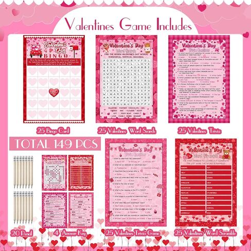 Pasimy 149 Pcs Valentine's Day Party Games 25 Players Valentines Day Word Search Scramble Bingo Card Trivia Game with Pencil for Valentine Gifts Family Large Group Activities Party Favors Supplies in Saudi Arabia