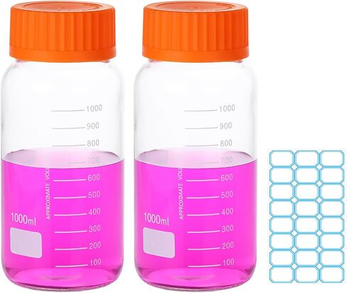 PATIKIL 2 Pack Reagent Media Storage Bottles, 500ml Borosilicate Glass Wide Mouth Graduated Round Bottles with Orange GL32 Screw Cap, 24 Pack Labels for Lab Water Reagent Liquids, Clear in Saudi Arabia