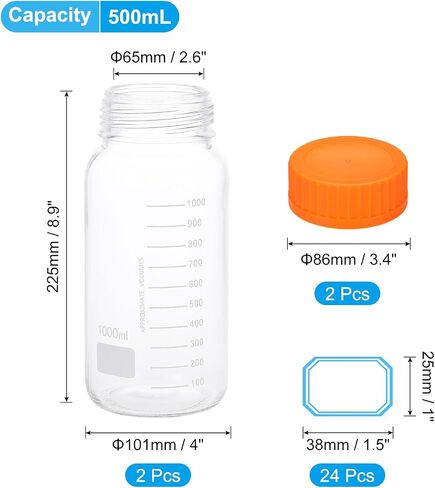 PATIKIL 2 Pack Reagent Media Storage Bottles, 500ml Borosilicate Glass Wide Mouth Graduated Round Bottles with Orange GL32 Screw Cap, 24 Pack Labels for Lab Water Reagent Liquids, Clear in Saudi Arabia