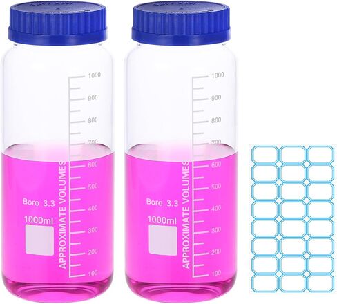 PATIKIL 2 Pack Reagent Media Storage Bottles, 500ml Borosilicate Glass Wide Mouth Graduated Round Bottles with Orange GL32 Screw Cap, 24 Pack Labels for Lab Water Reagent Liquids, Clear in Saudi Arabia