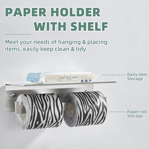 Double Toilet Paper Holder with Shelf Brushed Nickel, APLusee Modern Bathroom Accessories SUS 304 Stainless Steel Commercial Tissue Roll Dispenser Mobile Phone Storage Rack Handy Use in Saudi Arabia