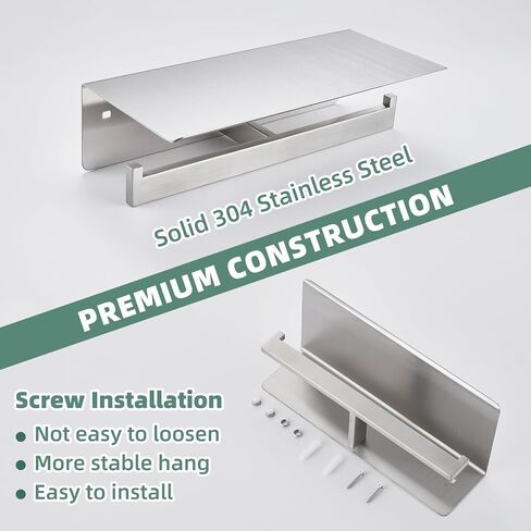 Double Toilet Paper Holder with Shelf Brushed Nickel, APLusee Modern Bathroom Accessories SUS 304 Stainless Steel Commercial Tissue Roll Dispenser Mobile Phone Storage Rack Handy Use in Saudi Arabia