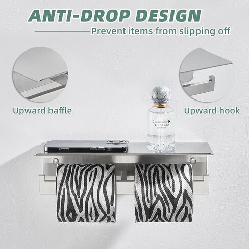 Double Toilet Paper Holder with Shelf Brushed Nickel, APLusee Modern Bathroom Accessories SUS 304 Stainless Steel Commercial Tissue Roll Dispenser Mobile Phone Storage Rack Handy Use in Saudi Arabia