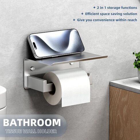 Double Toilet Paper Holder with Shelf Brushed Nickel, APLusee Modern Bathroom Accessories SUS 304 Stainless Steel Commercial Tissue Roll Dispenser Mobile Phone Storage Rack Handy Use in Saudi Arabia