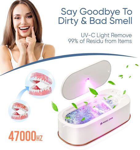 منظف ​​المجوهرات بالموجات فوق الصوتية من ماجيك جون، 3 أوضاع منظف مجوهرات احترافي بالموجات فوق الصوتية، منظف التجنيب بالموجات فوق الصوتية 47 كيلو هرتز، منظف صوتي 12 أونصة للنظارات والساعة وأطقم الأسنان ومثبات الأسنان والحلقة، أبيض in Kuwait