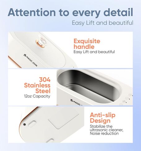 منظف ​​المجوهرات بالموجات فوق الصوتية من ماجيك جون، 3 أوضاع منظف مجوهرات احترافي بالموجات فوق الصوتية، منظف التجنيب بالموجات فوق الصوتية 47 كيلو هرتز، منظف صوتي 12 أونصة للنظارات والساعة وأطقم الأسنان ومثبات الأسنان والحلقة، أبيض in Kuwait