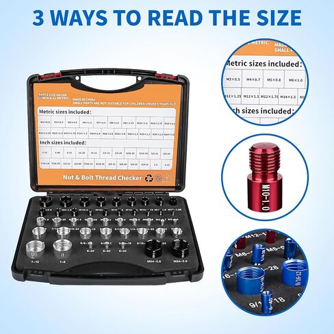 Nut and Bolt Thread Checker Standard and Metric, 44 Male/Female Bolt Size Finder Thread Gauge (23 Standard & 21 Metric), for Bolt and Nut Size Chart in Narrow Areas (Silver & Black) in Saudi Arabia