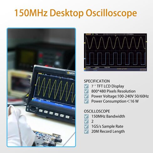 SDS220S OWON Oscilloscope 200MHz Bandwidth 2+1 Channel 3 in 1 Functions with 25MHz Waveform Generator Digital Multimeter 7" LCD Display 1GS/s Sample Rate in Kuwait