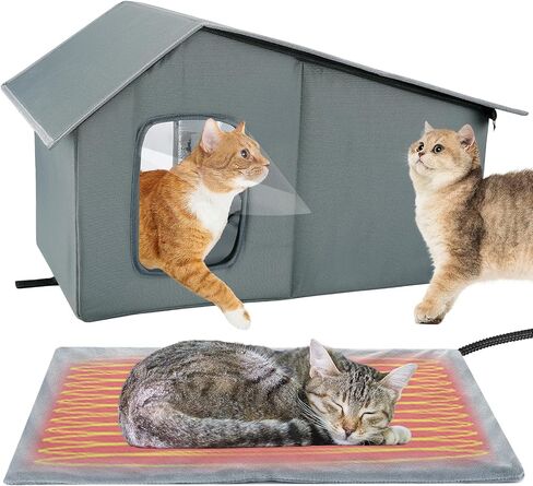 Heated Cat House - Waterproof Outdoor Cat Shelter for Winter with Thermostatic Heating Pad and Escape Door, Sturdy Warm Outside Pet House Cat Gifts for A Feral Cat Small Dog in Kuwait