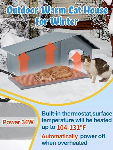 Heated Cat House - Waterproof Outdoor Cat Shelter for Winter with Thermostatic Heating Pad and Escape Door, Sturdy Warm Outside Pet House Cat Gifts for A Feral Cat Small Dog in Kuwait