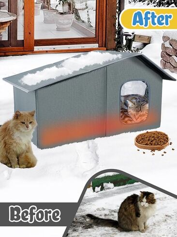 Heated Cat House - Waterproof Outdoor Cat Shelter for Winter with Thermostatic Heating Pad and Escape Door, Sturdy Warm Outside Pet House Cat Gifts for A Feral Cat Small Dog in Kuwait