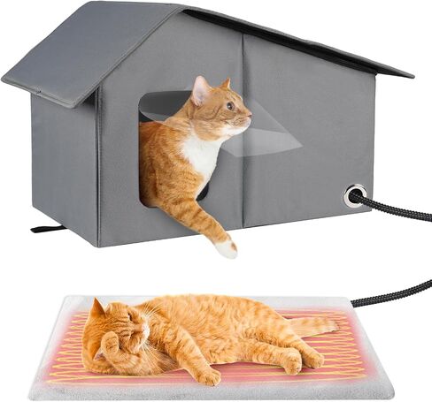 Heated Cat House - Waterproof Outdoor Cat Shelter for Winter with Thermostatic Heating Pad and Escape Door, Sturdy Warm Outside Pet House Cat Gifts for A Feral Cat Small Dog in Kuwait
