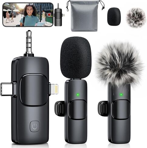 Mini Microphone, 3 in 1 Wireless Lavalier Microphones for iPhone, iPad, Camera and Android Devices, Noise Reduction Lapel Mic, Clip on Mic for Video Recording Vlog, YouTube, Interview in Saudi Arabia